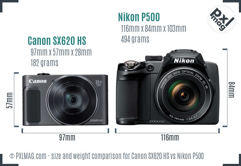 Canon SX620 HS vs Nikon P500 size comparison
