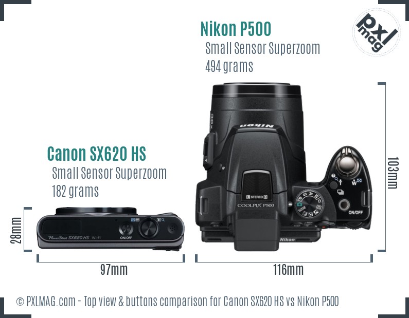 Canon SX620 HS vs Nikon P500 top view buttons comparison