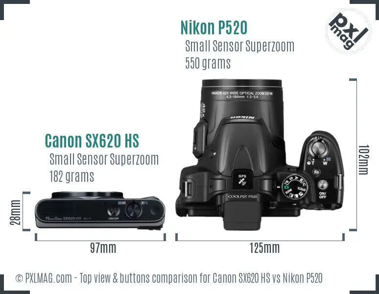 Canon SX620 HS vs Nikon P520 top view buttons comparison