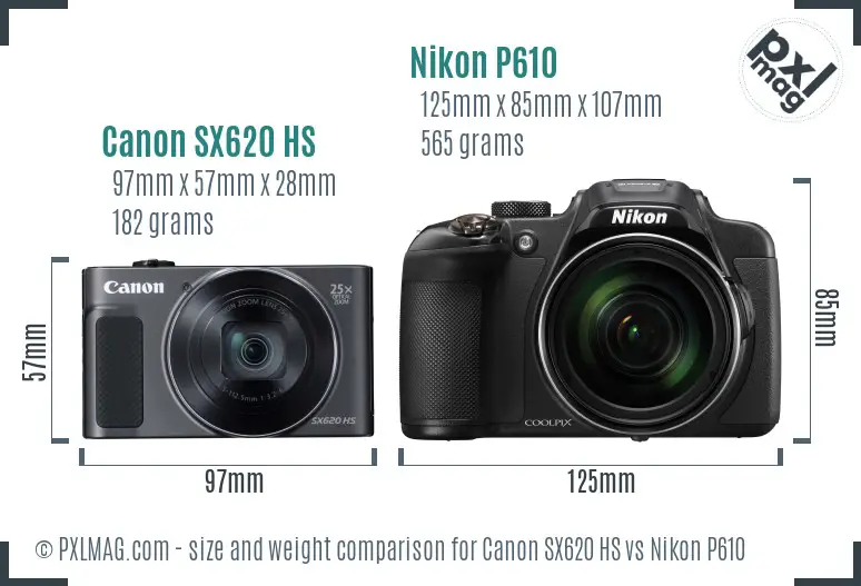 Canon SX620 HS vs Nikon P610 size comparison