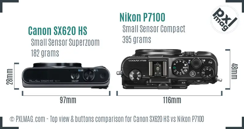 Canon SX620 HS vs Nikon P7100 top view buttons comparison