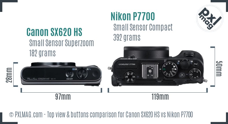 Canon SX620 HS vs Nikon P7700 top view buttons comparison