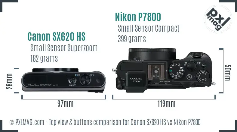 Canon SX620 HS vs Nikon P7800 top view buttons comparison