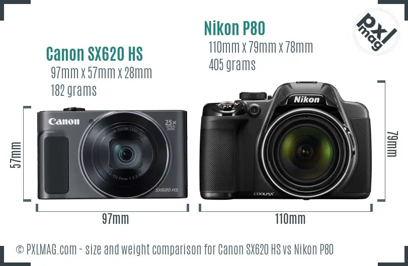 Canon SX620 HS vs Nikon P80 size comparison