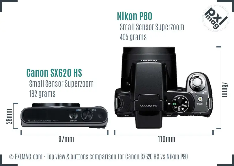 Canon SX620 HS vs Nikon P80 top view buttons comparison