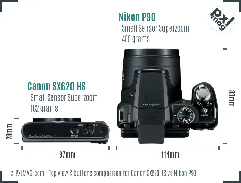 Canon SX620 HS vs Nikon P90 top view buttons comparison Canon SX620 HS vs Nikon P90 top view buttons comparison