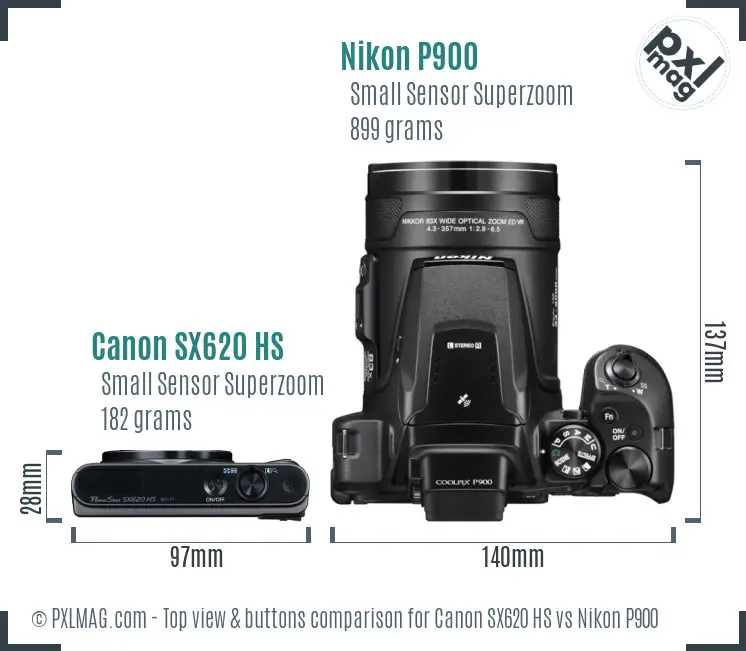 Canon SX620 HS vs Nikon P900 top view buttons comparison