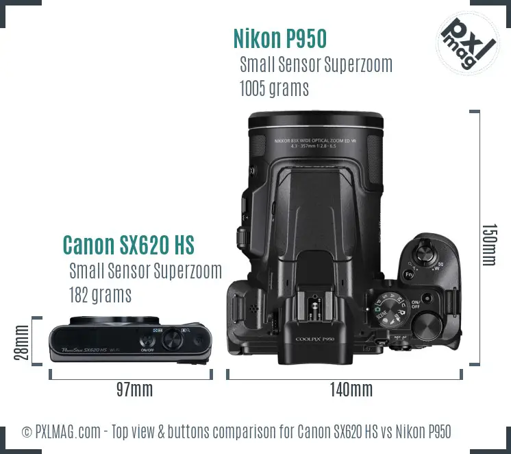 Canon SX620 HS vs Nikon P950 top view buttons comparison