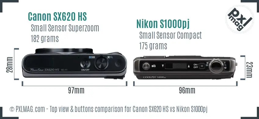 Canon SX620 HS vs Nikon S1000pj top view buttons comparison Canon SX620 HS vs Nikon S1000pj top view buttons comparison