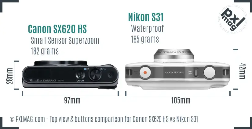 Canon SX620 HS vs Nikon S31 top view buttons comparison