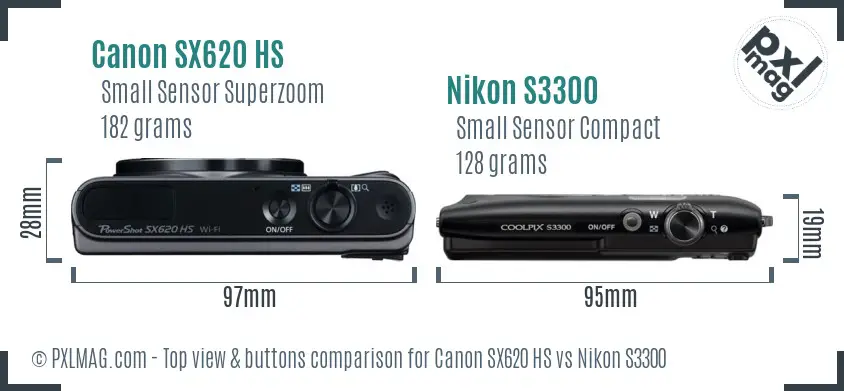 Canon SX620 HS vs Nikon S3300 top view buttons comparison