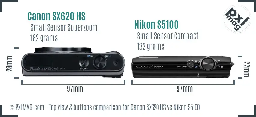 Canon SX620 HS vs Nikon S5100 top view buttons comparison
