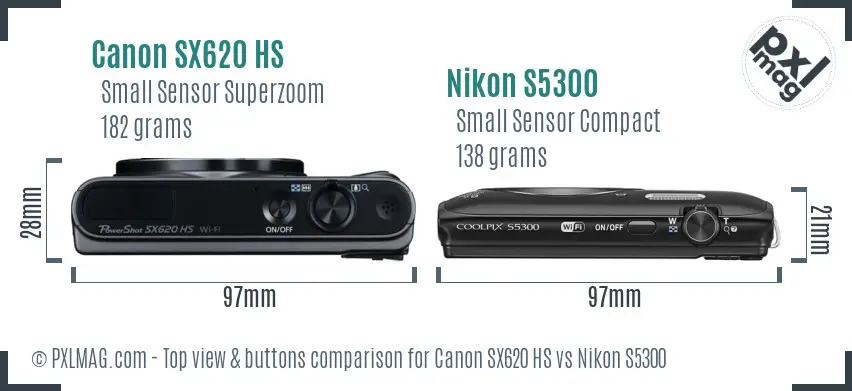 Canon SX620 HS vs Nikon S5300 top view buttons comparison