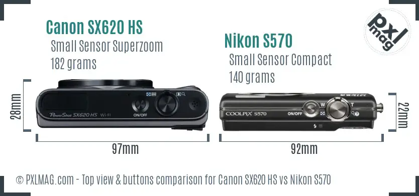 Canon SX620 HS vs Nikon S570 top view buttons comparison