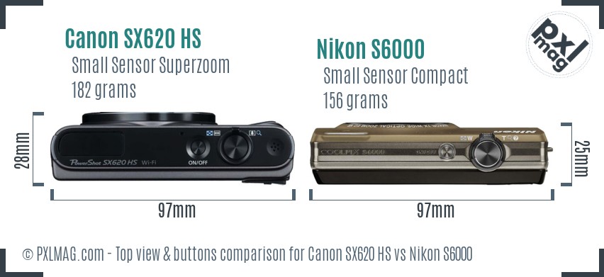 Canon SX620 HS vs Nikon S6000 top view buttons comparison