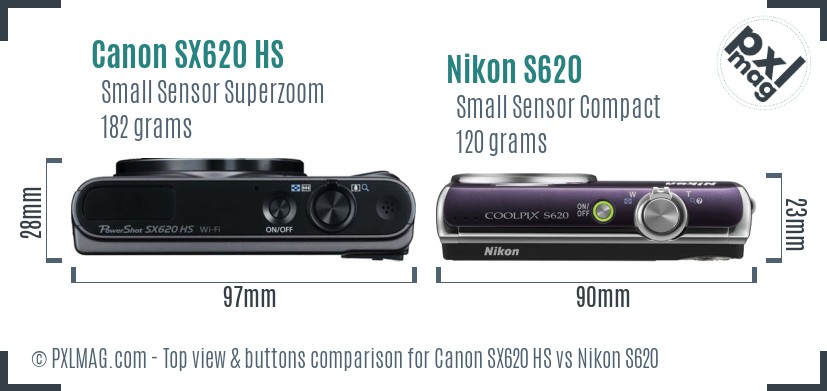 Canon SX620 HS vs Nikon S620 top view buttons comparison