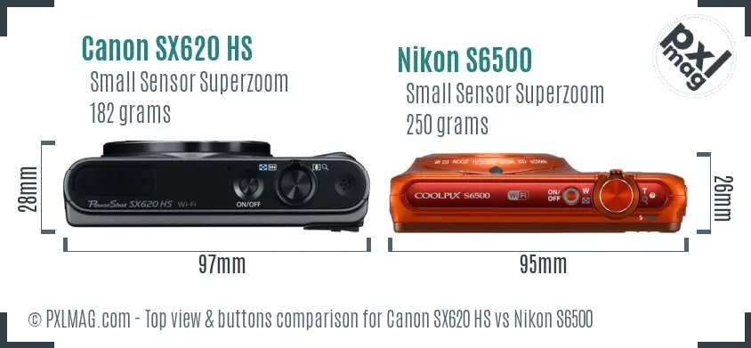 Canon SX620 HS vs Nikon S6500 top view buttons comparison Canon SX620 HS vs Nikon S6500 top view buttons comparison