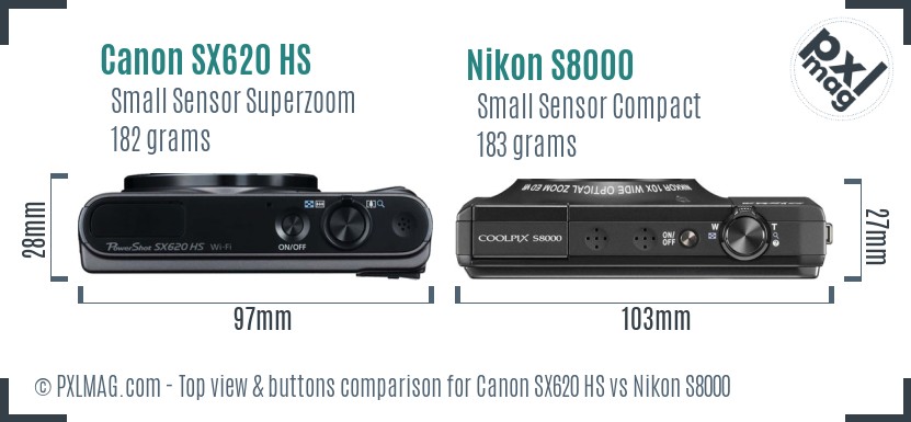 Canon SX620 HS vs Nikon S8000 top view buttons comparison