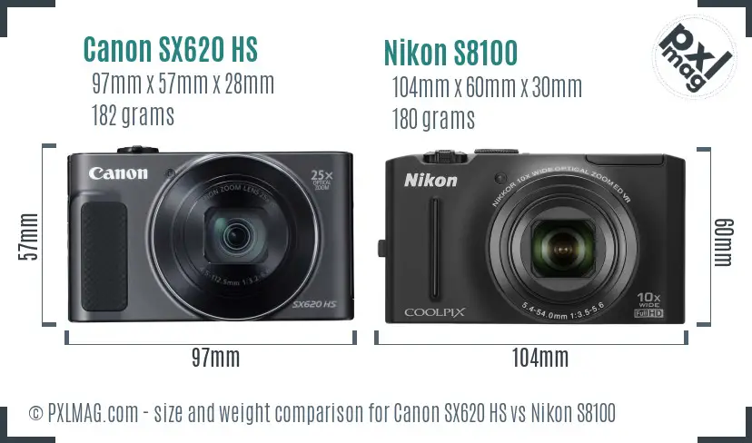 Canon SX620 HS vs Nikon S8100 size comparison