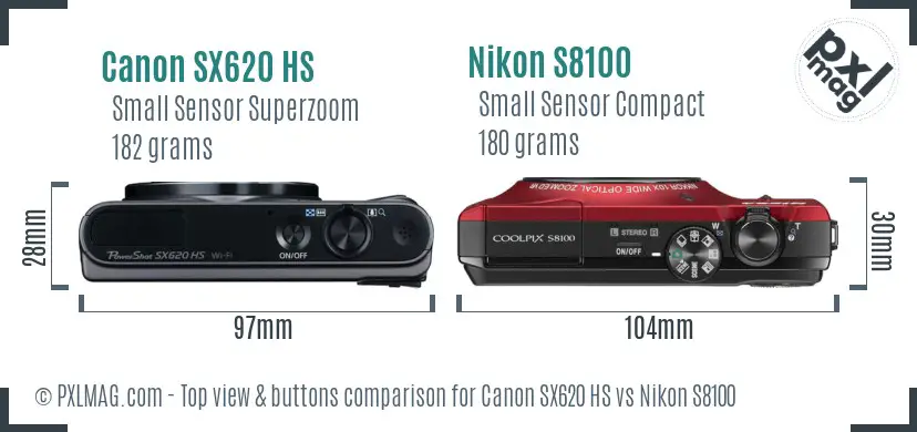 Canon SX620 HS vs Nikon S8100 top view buttons comparison