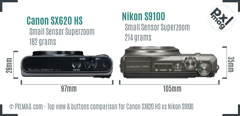 Canon SX620 HS vs Nikon S9100 top view buttons comparison Canon SX620 HS vs Nikon S9100 top view buttons comparison
