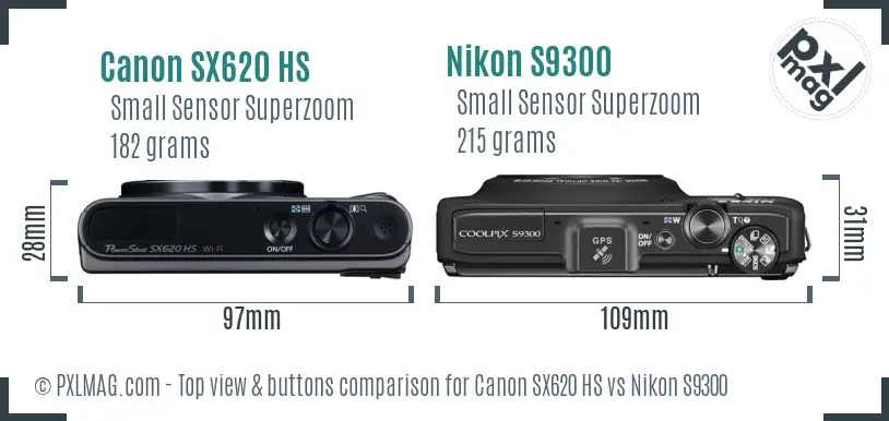 Canon SX620 HS vs Nikon S9300 top view buttons comparison