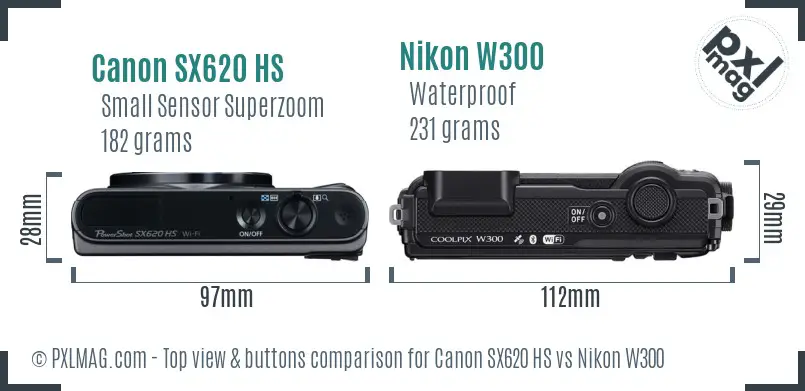 Canon SX620 HS vs Nikon W300 top view buttons comparison Canon SX620 HS vs Nikon W300 top view buttons comparison