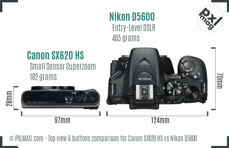 Canon SX620 HS vs Nikon D5600 top view buttons comparison