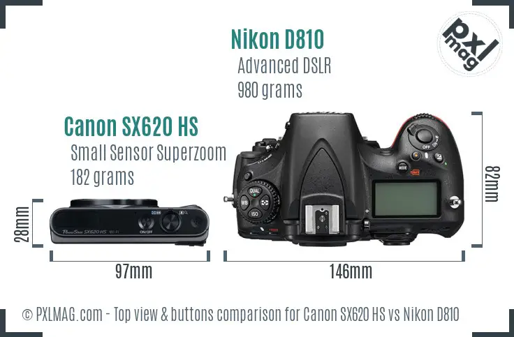 Canon SX620 HS vs Nikon D810 top view buttons comparison