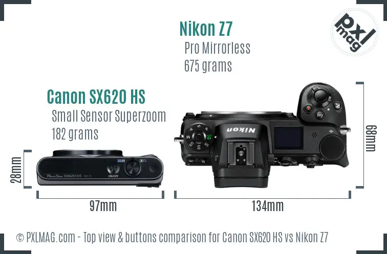 Canon SX620 HS vs Nikon Z7 top view buttons comparison