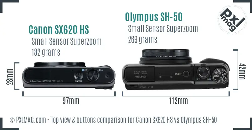 Canon SX620 HS vs Olympus SH-50 top view buttons comparison