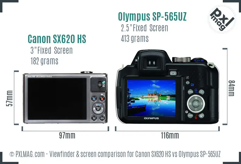 Canon SX620 HS vs Olympus SP-565UZ Screen and Viewfinder comparison