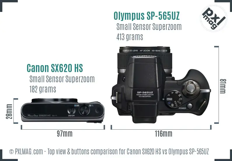Canon SX620 HS vs Olympus SP-565UZ top view buttons comparison