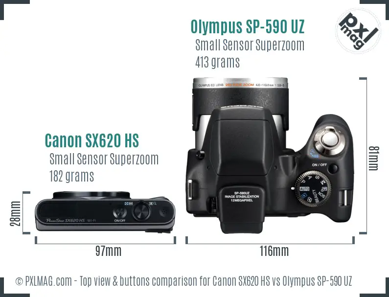 Canon SX620 HS vs Olympus SP-590 UZ top view buttons comparison