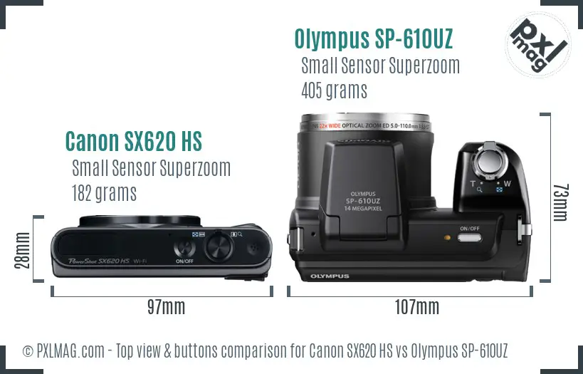 Canon SX620 HS vs Olympus SP-610UZ top view buttons comparison Canon SX620 HS vs Olympus SP-610UZ top view buttons comparison