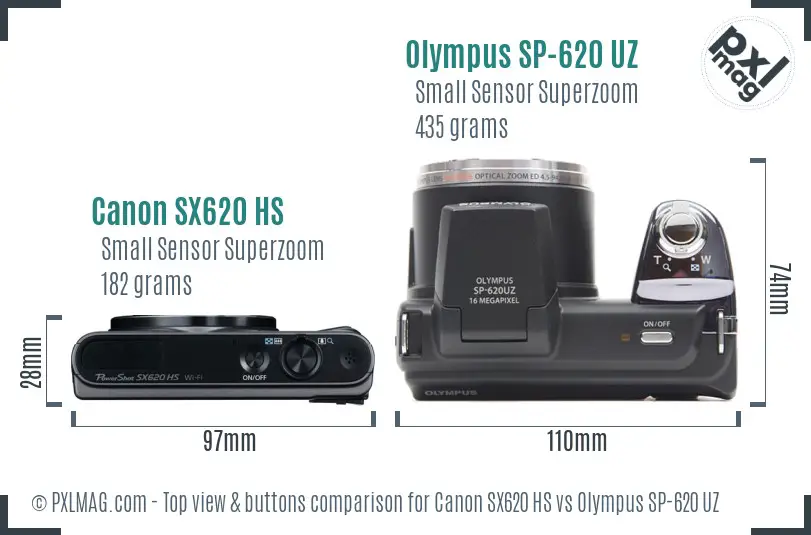 Canon SX620 HS vs Olympus SP-620 UZ top view buttons comparison Canon SX620 HS vs Olympus SP-620 UZ top view buttons comparison