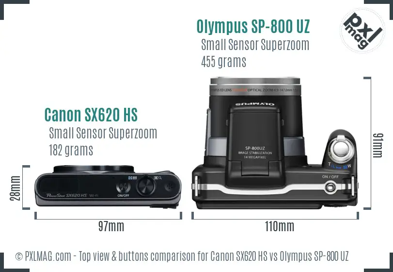 Canon SX620 HS vs Olympus SP-800 UZ top view buttons comparison Canon SX620 HS vs Olympus SP-800 UZ top view buttons comparison