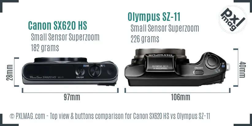 Canon SX620 HS vs Olympus SZ-11 top view buttons comparison Canon SX620 HS vs Olympus SZ-11 top view buttons comparison