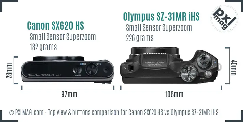 Canon SX620 HS vs Olympus SZ-31MR iHS top view buttons comparison Canon SX620 HS vs Olympus SZ-31MR iHS top view buttons comparison