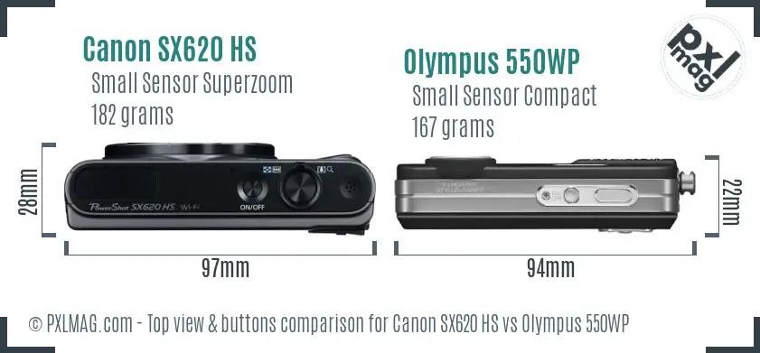 Canon SX620 HS vs Olympus 550WP top view buttons comparison Canon SX620 HS vs Olympus 550WP top view buttons comparison