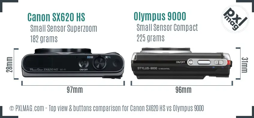 Canon SX620 HS vs Olympus 9000 top view buttons comparison Canon SX620 HS vs Olympus 9000 top view buttons comparison