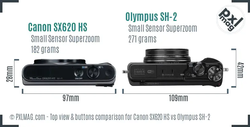Canon SX620 HS vs Olympus SH-2 top view buttons comparison