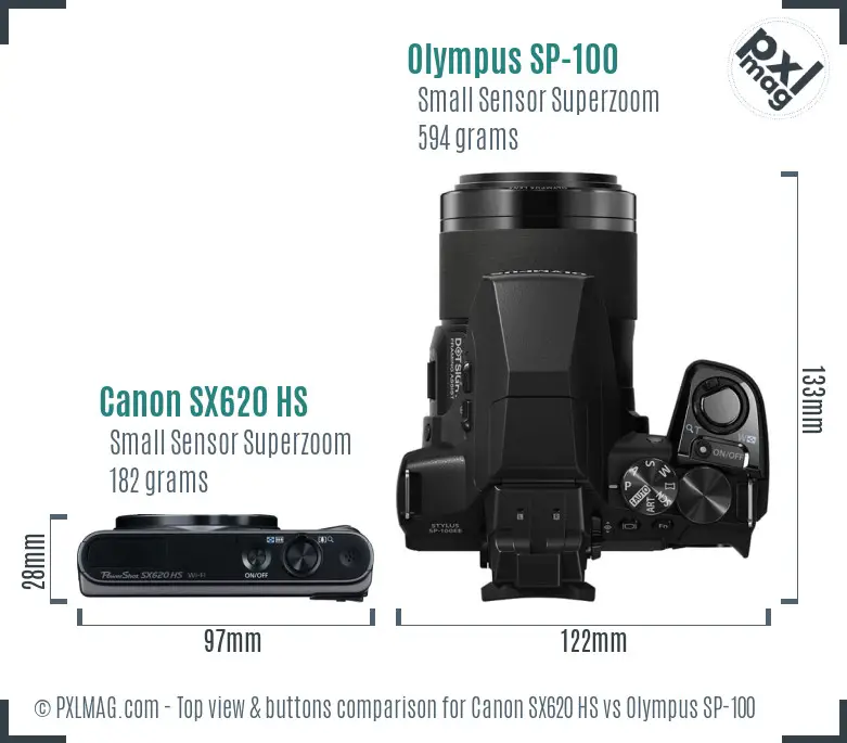 Canon SX620 HS vs Olympus SP-100 top view buttons comparison