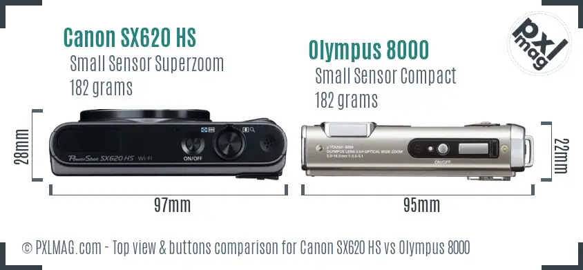 Canon SX620 HS vs Olympus 8000 top view buttons comparison Canon SX620 HS vs Olympus 8000 top view buttons comparison
