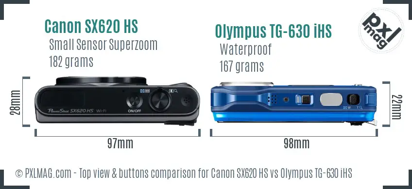 Canon SX620 HS vs Olympus TG-630 iHS top view buttons comparison