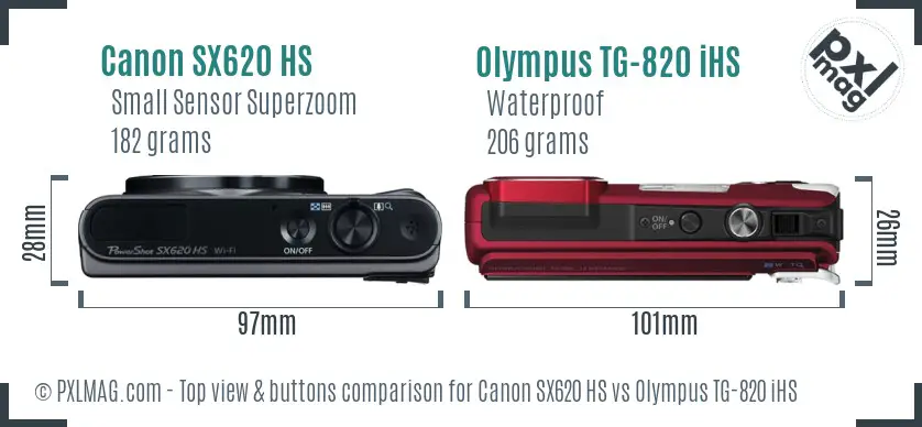 Canon SX620 HS vs Olympus TG-820 iHS top view buttons comparison Canon SX620 HS vs Olympus TG-820 iHS top view buttons comparison