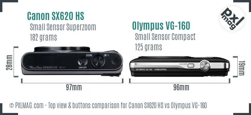 Canon SX620 HS vs Olympus VG-160 top view buttons comparison Canon SX620 HS vs Olympus VG-160 top view buttons comparison
