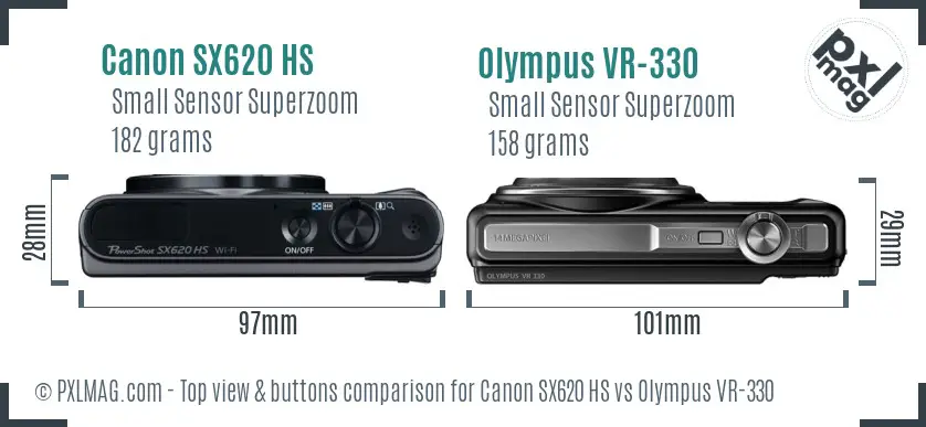 Canon SX620 HS vs Olympus VR-330 top view buttons comparison Canon SX620 HS vs Olympus VR-330 top view buttons comparison