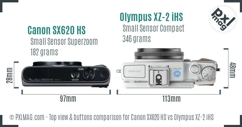 Canon SX620 HS vs Olympus XZ-2 iHS top view buttons comparison Canon SX620 HS vs Olympus XZ-2 iHS top view buttons comparison