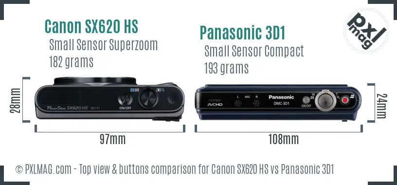 Canon SX620 HS vs Panasonic 3D1 top view buttons comparison